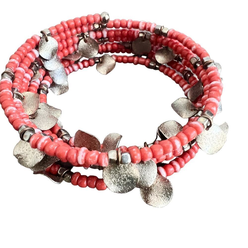 Coral tone bead and metallic medallion beachy summer wrap bracelet